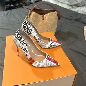 Steve Madden Newspaper Print Heels - Black, White, Red